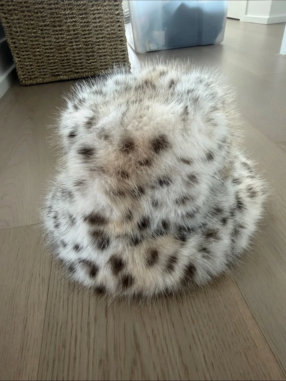 C.C Faux Fur Bucket Hat in Cream and Brown Spot